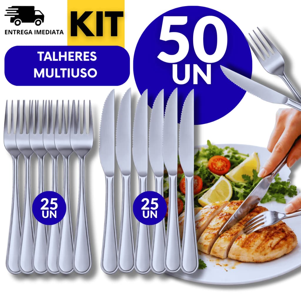 Kit 50 Unidades Talher Inox 25 Garfo 25 Faca Cozinha Restaurante Hotéis Garfo Faca Prateado Prata Inoxidável