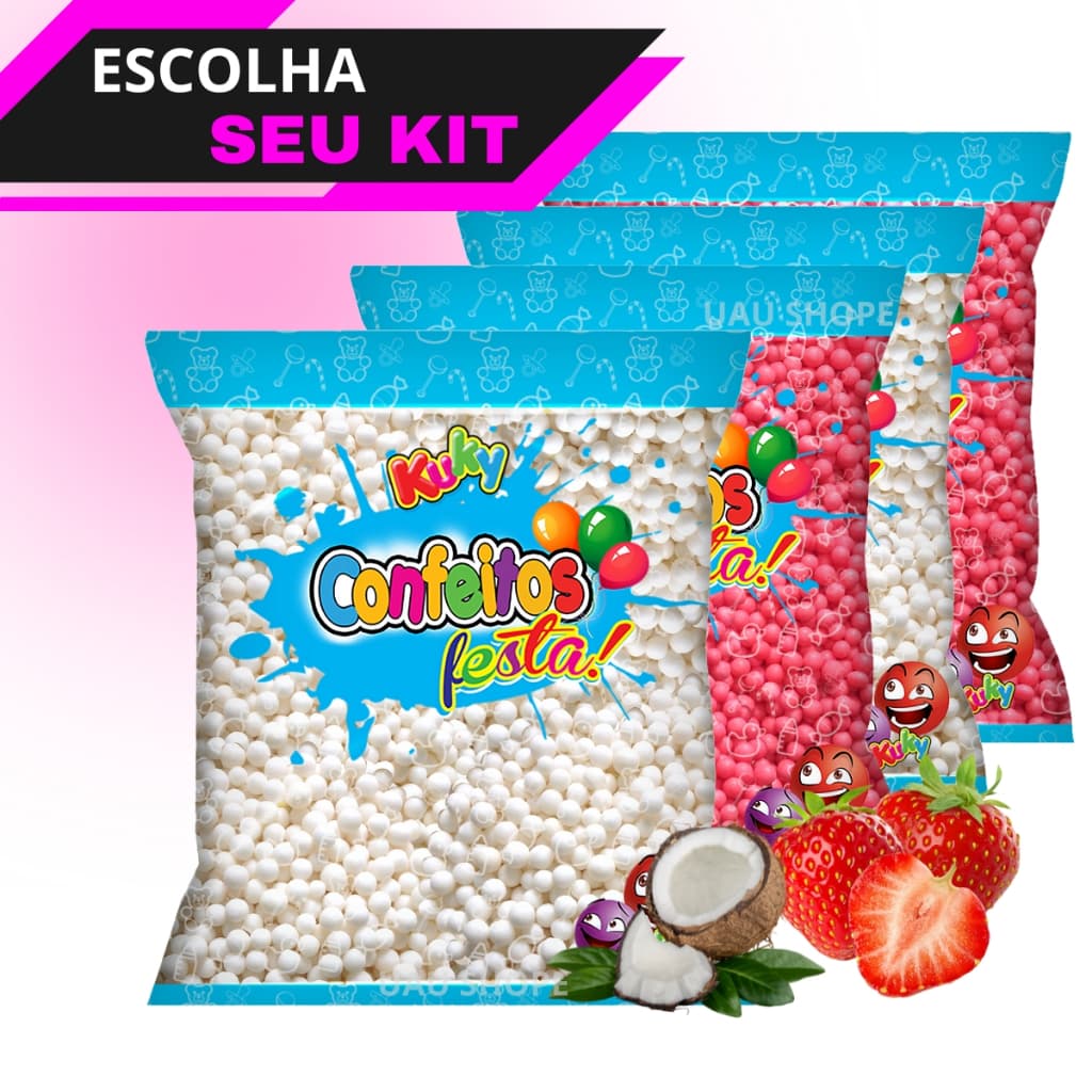 Kit 2 ou 4 Confeito Bolinhas Festa Kuky Coco e Morango (Branco/Vermelho)