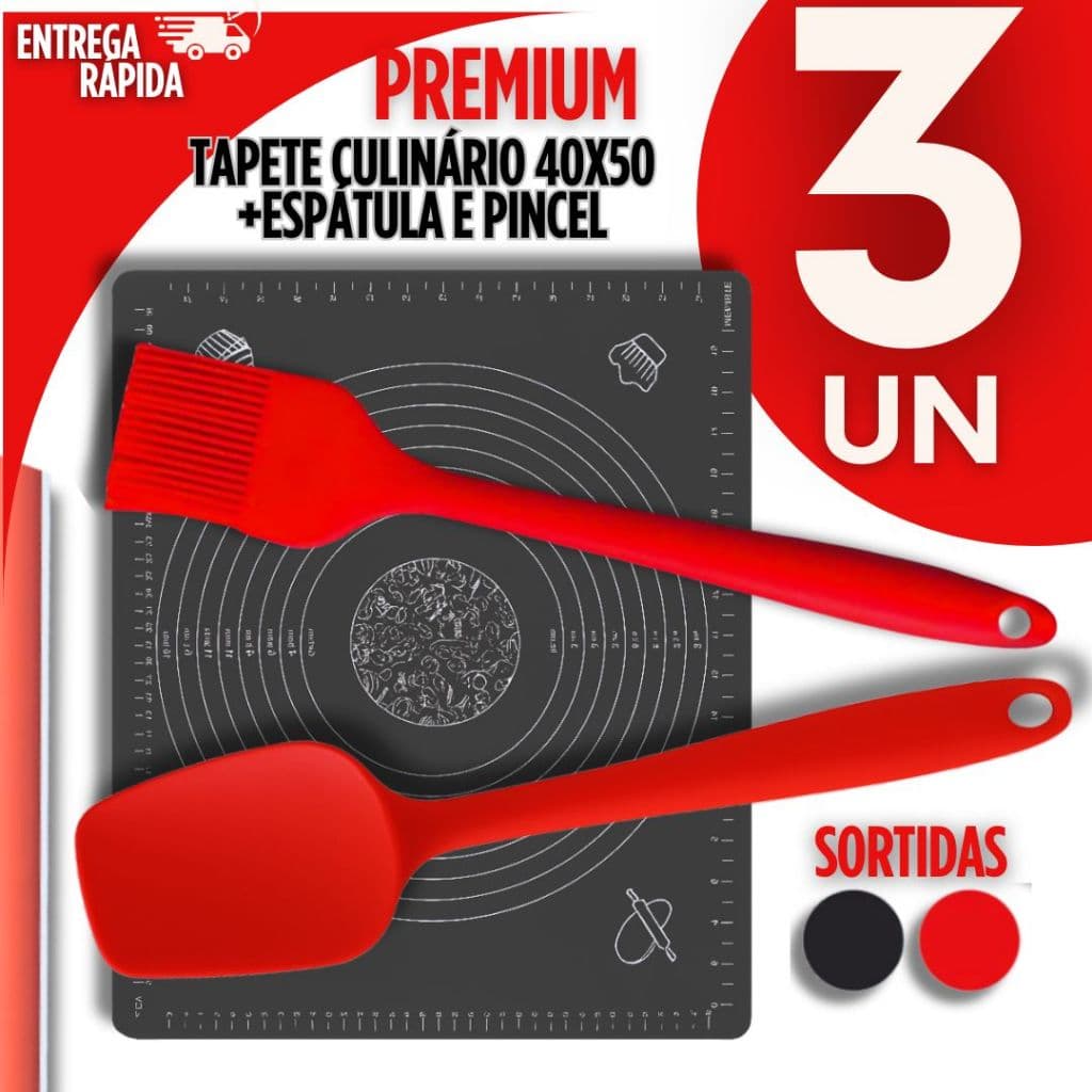 Conjunto 03 Peças - Tapete Culinário 40x50 + Utensílios de Silicone  Pincel Culinário + Espátula