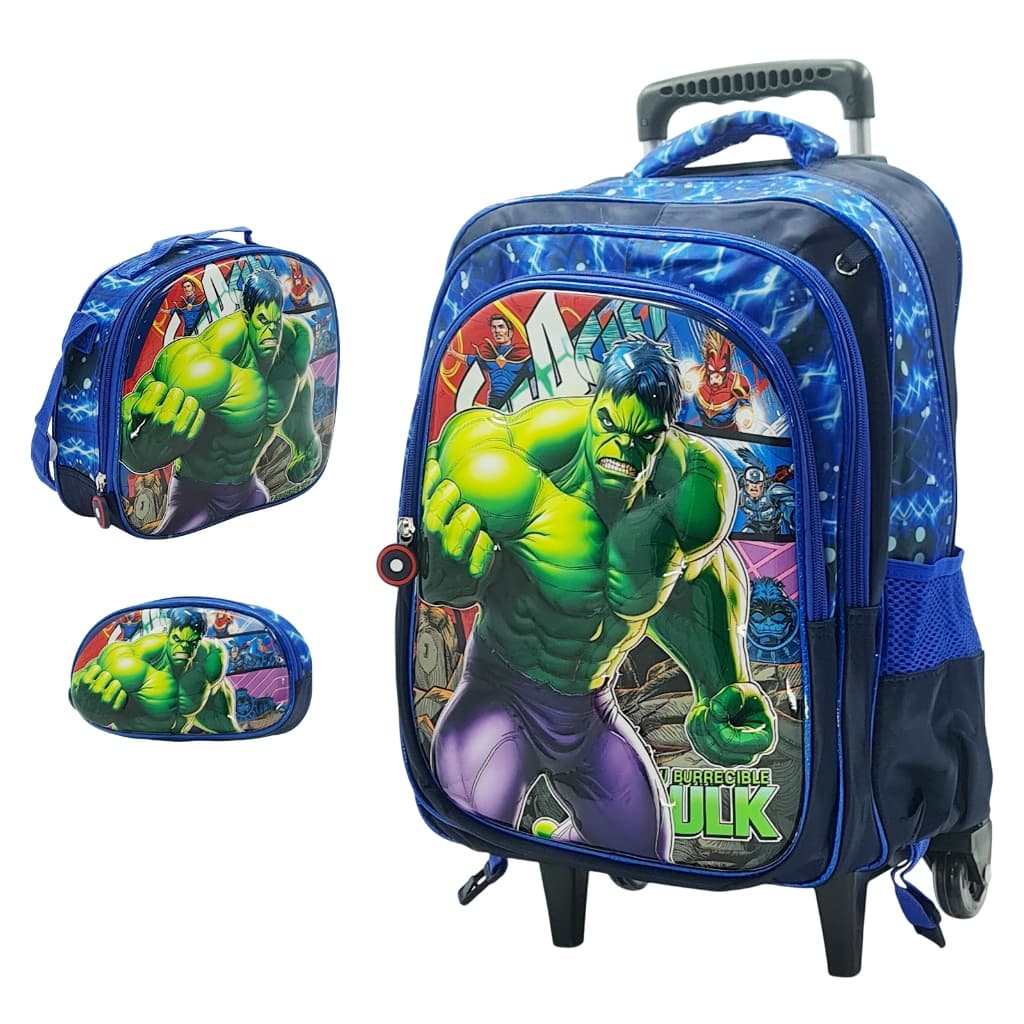 Mochila Escolar Infantil 3D Carrinho Kit Com Estojo Lancheira Térmica Impermeável Rodinhas 3 Peças - Menino Hulk