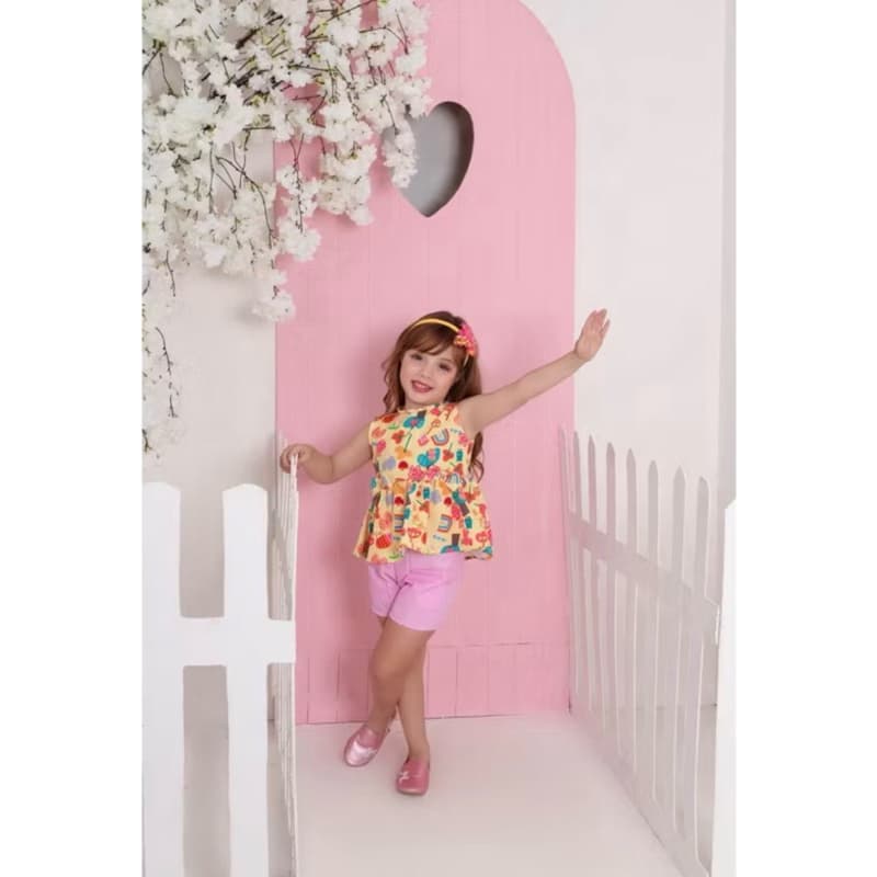 Conjunto infantil menina bloguerinha verão roupa confortáveis estampas alegres para criança tamanho 4 6 e 8