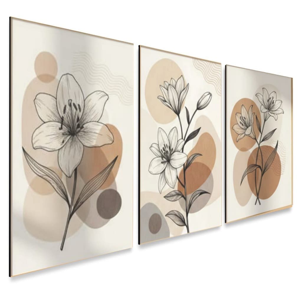 Kit Triplo Flores Luxo marrom para Decoração de Parede, Quadro MDF, Painel