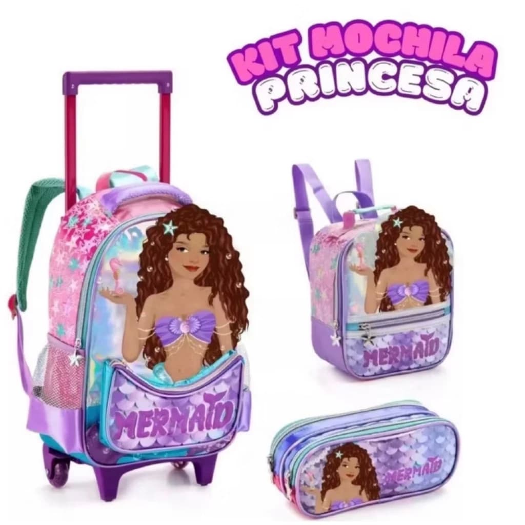 Kit Mochila Infantil Rodinha Sereia + Lnacheira + Estojo Meninas