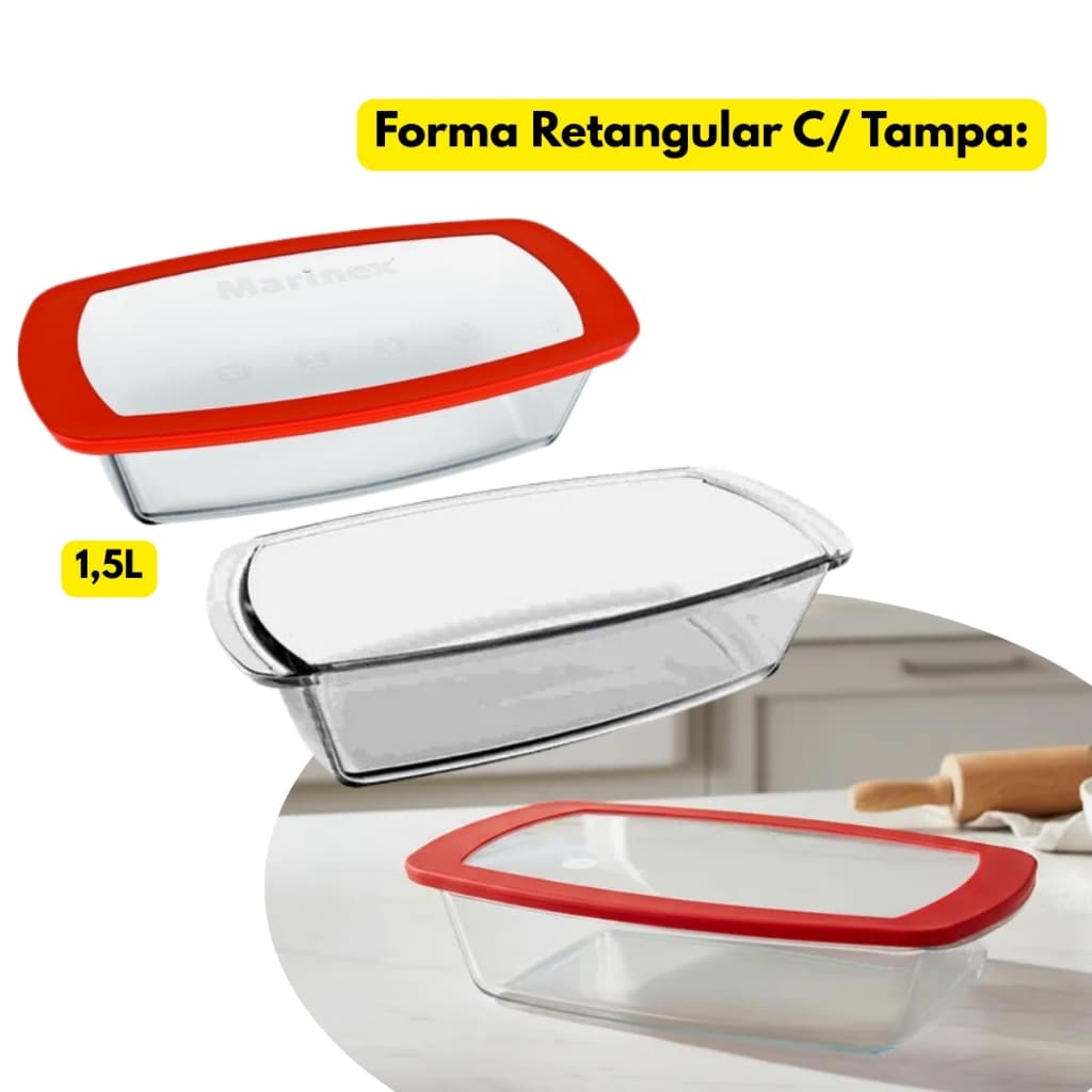 Forma Refratário Pão Retangular Bolo Vidro Marinex Tampa Resistente Mesa Posta Assadeira Vermelha