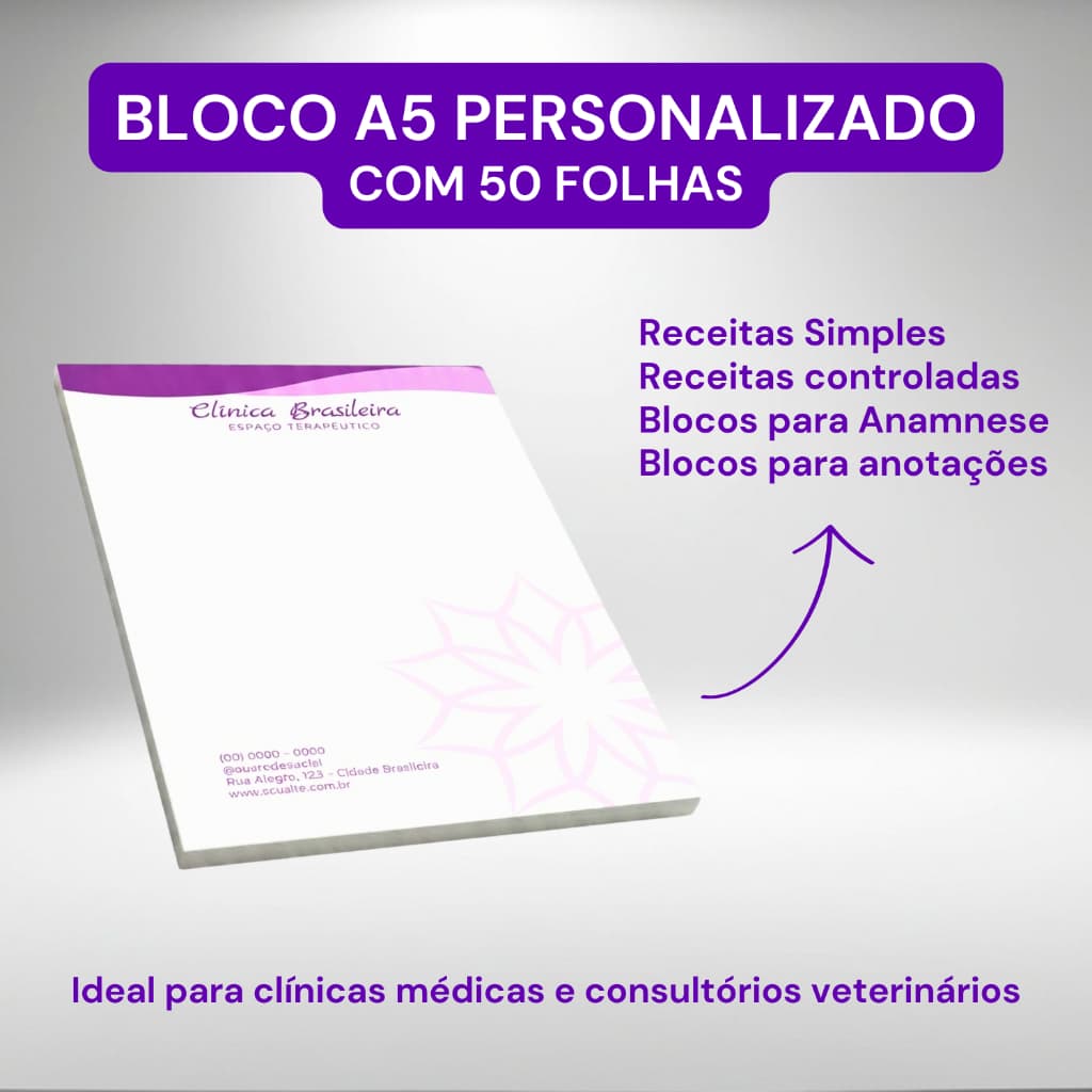 Bloco Personalizado A5 50 Folhas 15x21cm - Receituário e anotações, Qualidade Profissional, 4, 8, 12, 16 e 20 unidades