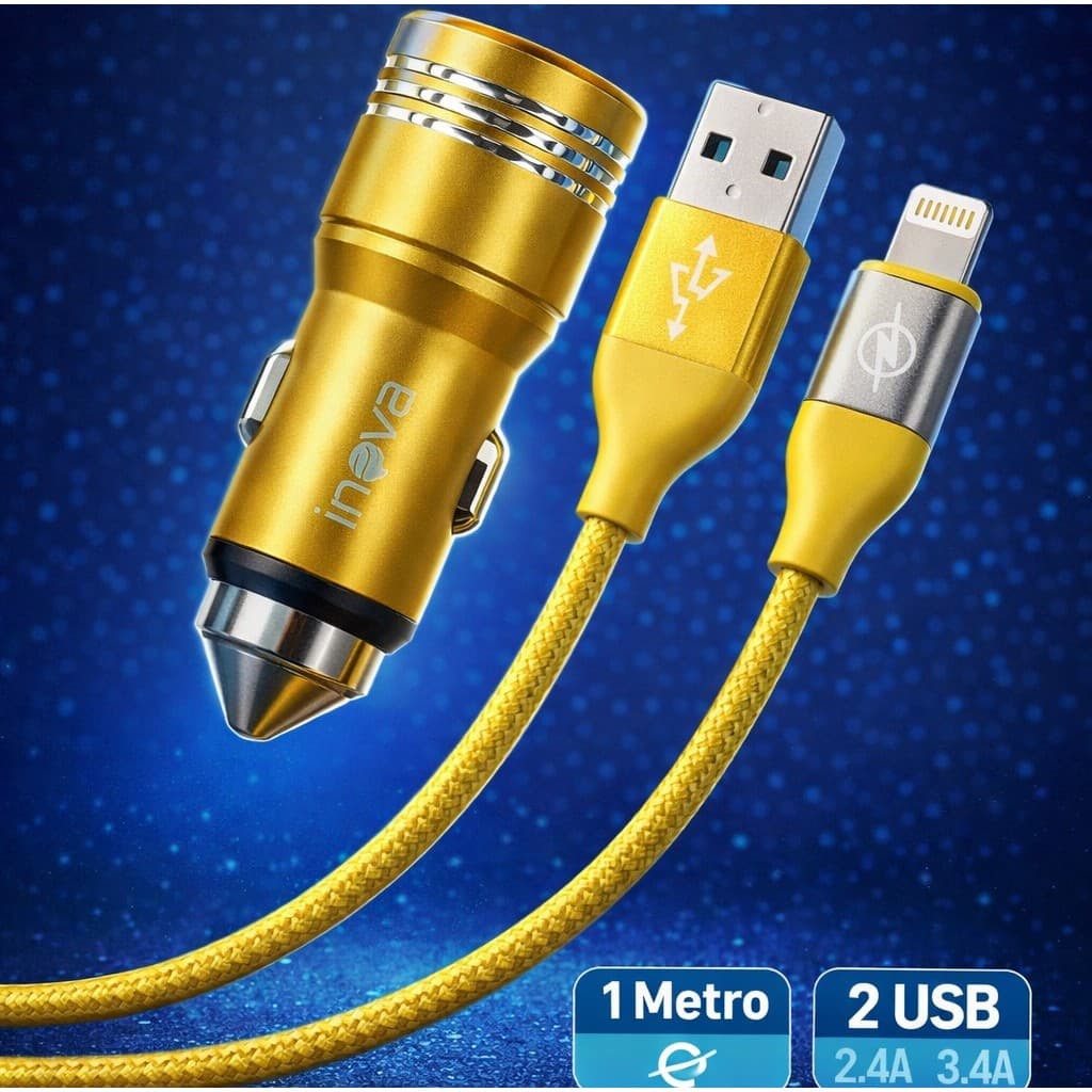 Carregador Veicular Dual USB 3.4A + Cabo Lightning CAR-8676 2.4A Carro Turbo