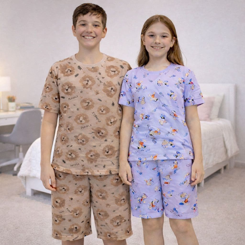 Kits com 1,2,3 Pijama Juvenil 10 e 12 anos Masculino e Feminino Curto, 100% Algodão
