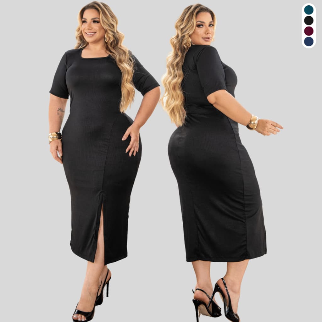 Vestido Mid com Fenda Elegante Plus Size Manga comprida Tecido canelado