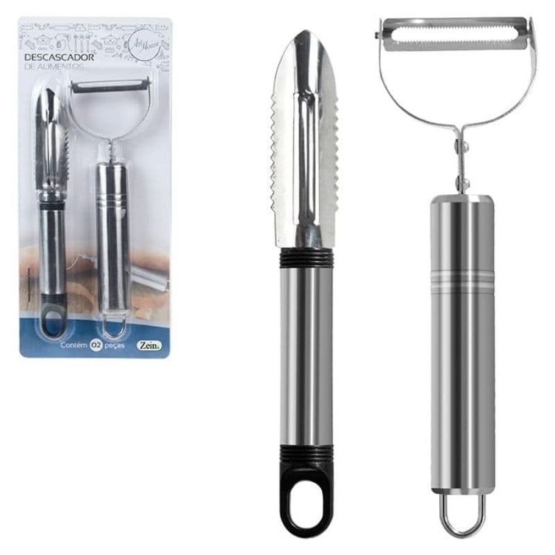 Kit 2 Descascadores de Legumes e Frutas Aço Inox Profissional Multifuncional - Descascador em Y e Vertical Serrilhado