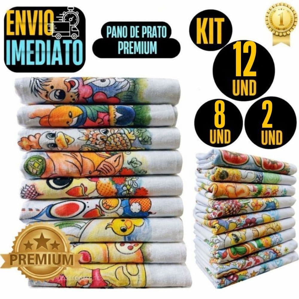 Kit De 12 ou 8 ou 2 Pano De Prato Estampado Com Bainha 100% Algodão Premium Primeira Linha
