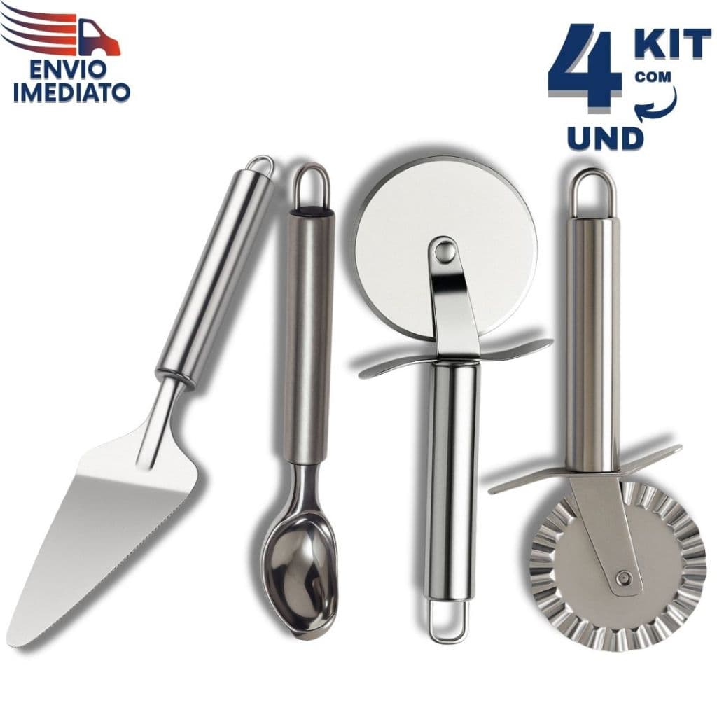 Kit 4 Peças Carretilhas Cortador De Massas Pastel e Pizza Colher De Sorvete e Espátula de Bolo