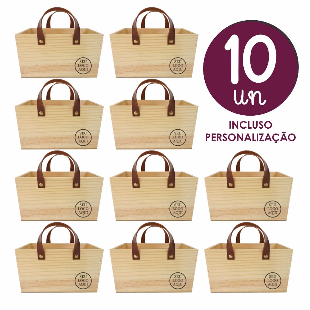 KIT 10un - Cesta Pinus com alça em couro 25x15x14cm + PERSONALIZAÇÃO