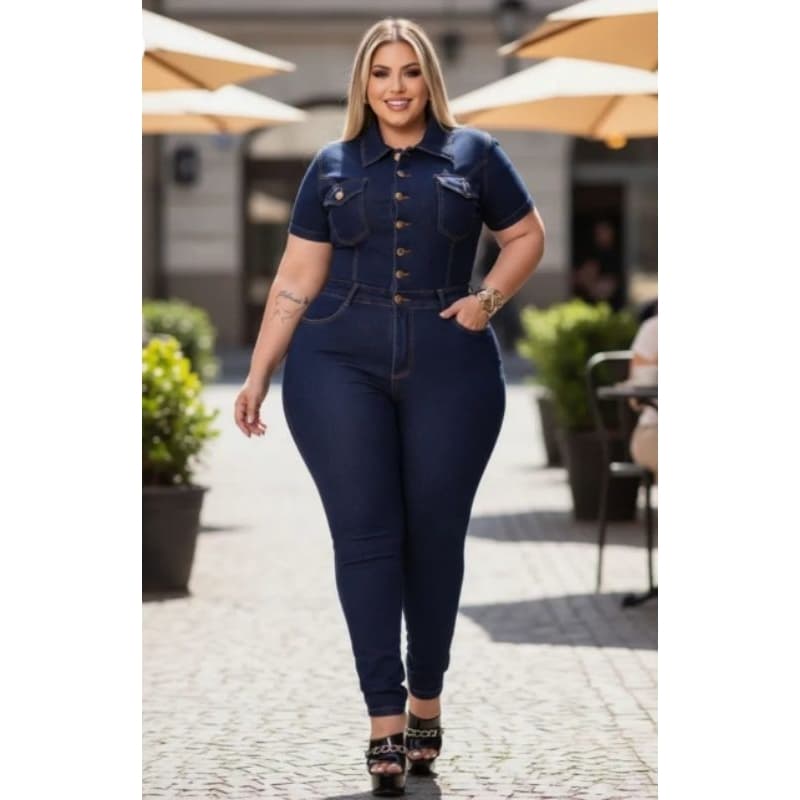Macacão Jeans Feminino Plus Size Manga Curta Liso