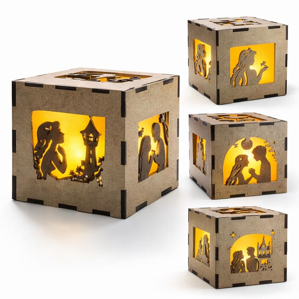Abajur Luminaria Rapunzel MDF Cubo Decorativo LED Luz Quente