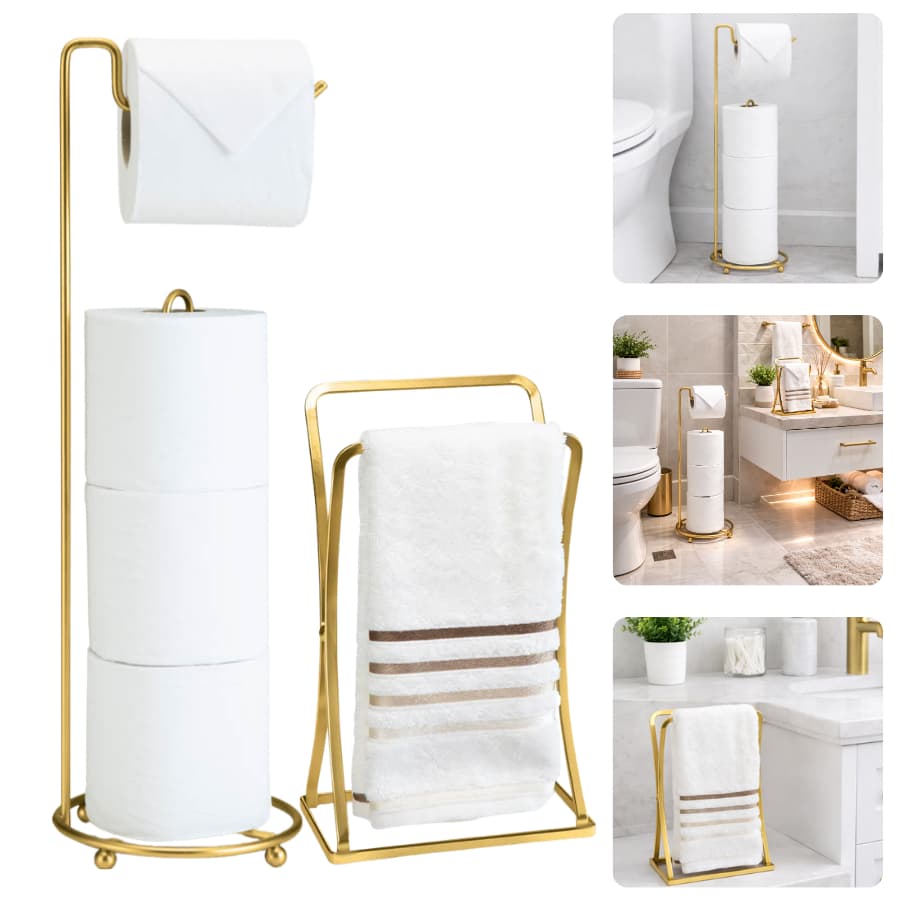 Kit 2 Peças Banheiro Lavabo Dourado Fosco Porta Papel Higiênico Toalheiro Rosto Bancada