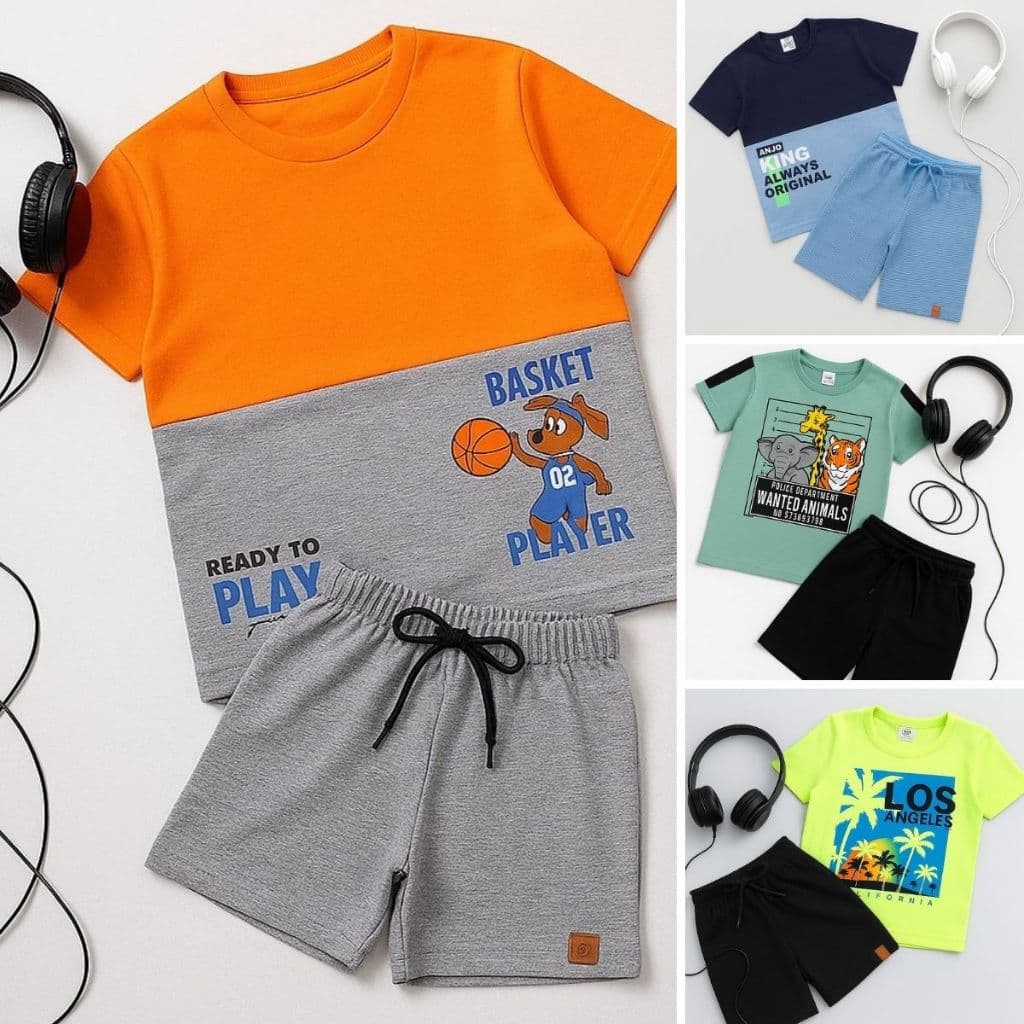 Kit Sortido 10 Peças de Roupas Infantil Menino - 5 Camisetas + 5 Bermudas - Kit 5 Conjuntos de Roupa Verão Masculino