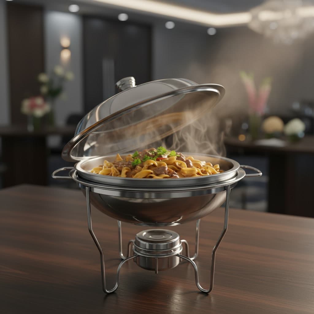 Rechaud Aço Inox Redondo Banho Maria Suporte Tampa Vidro Duas Cubas Buffet Restaurante Festas 5,5 Litros