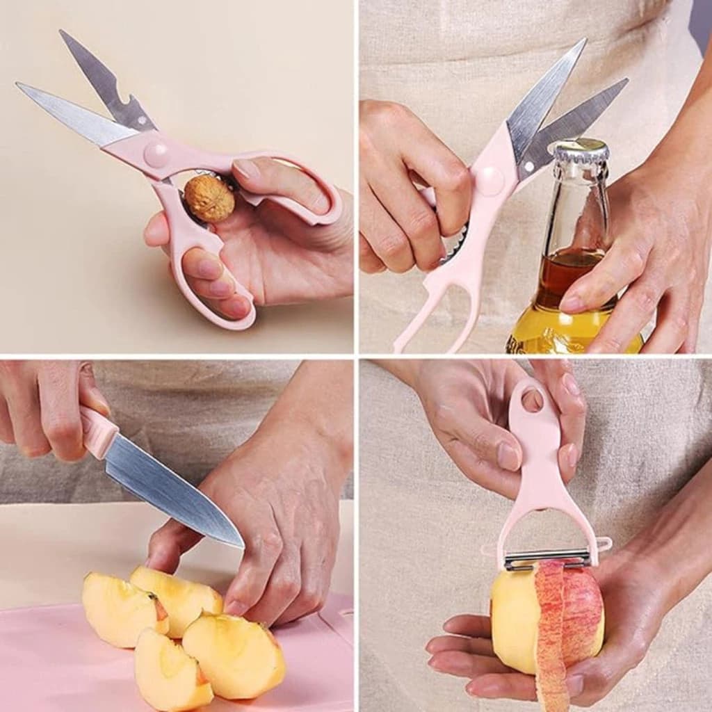 Kit de Utensílios de Cozinha 4 Peças Com Faca Tesoura Descascador e Tábua