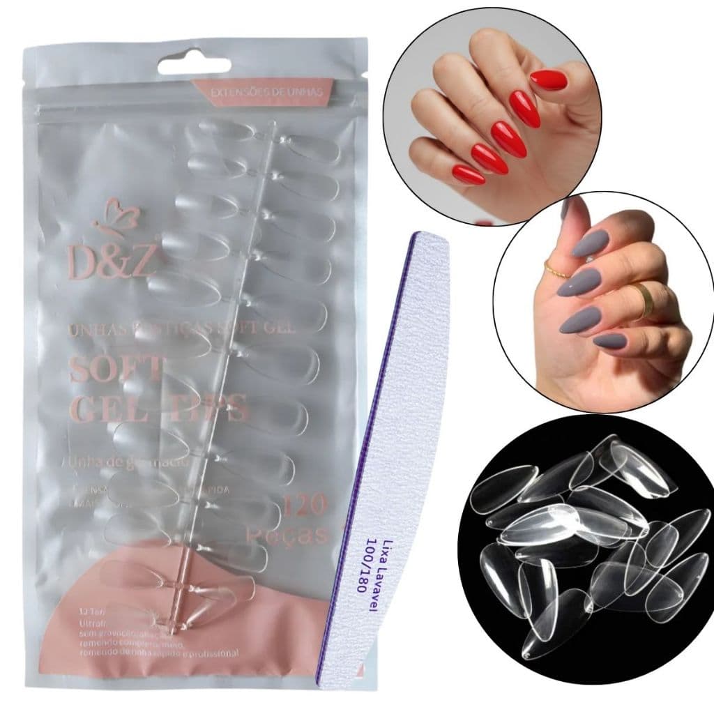 Kit Postica Ultrafina D&z Almond Soft Gel 120 Un + Lixa 100/180 Kit Unha