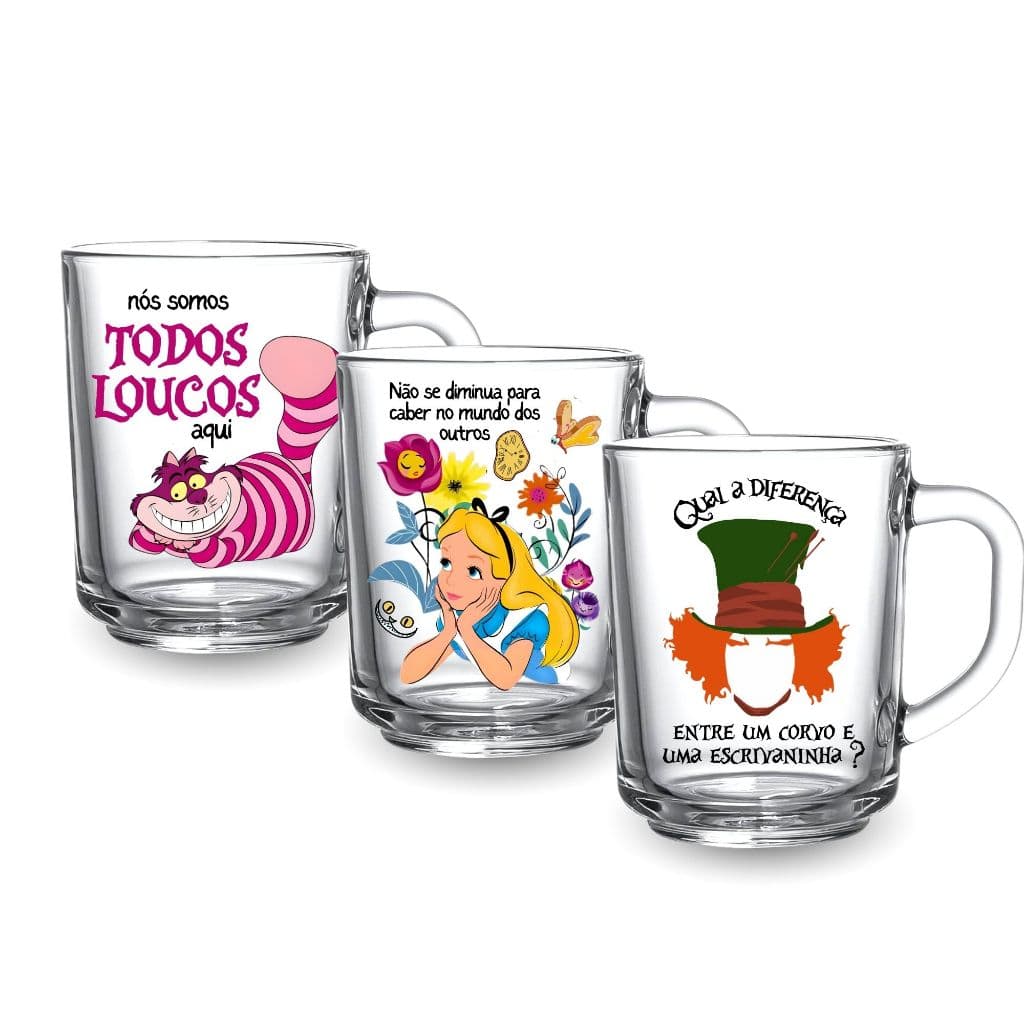 Jogo 3 Canecas Vidro Alice País Das Maravilhas 225ml Estampada Frases Chapeleiro Livro