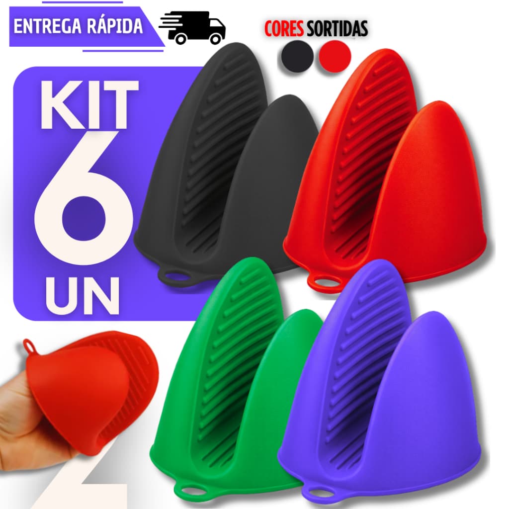 Kit 6 Luva de Silicone Térmica Antiderrapante Resistente Alta Temperatura Forno Air Fryer Churrasqueira Cozinha Luvas