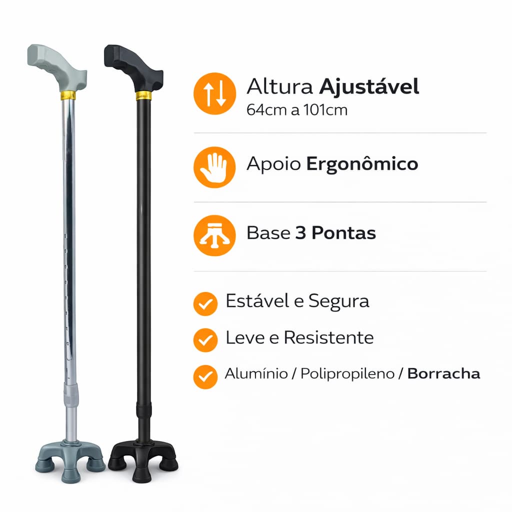 Bengala De Caminhada 3 Apoios Leve Anti Impacto Com Altura Ajustável 64CM a 101,5CM