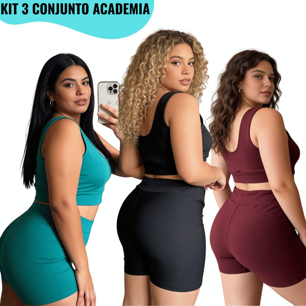 Kit 3 Conjuntos Top e Short Feminino Suplex Academia Treino Cintura Altura Zero Transparência