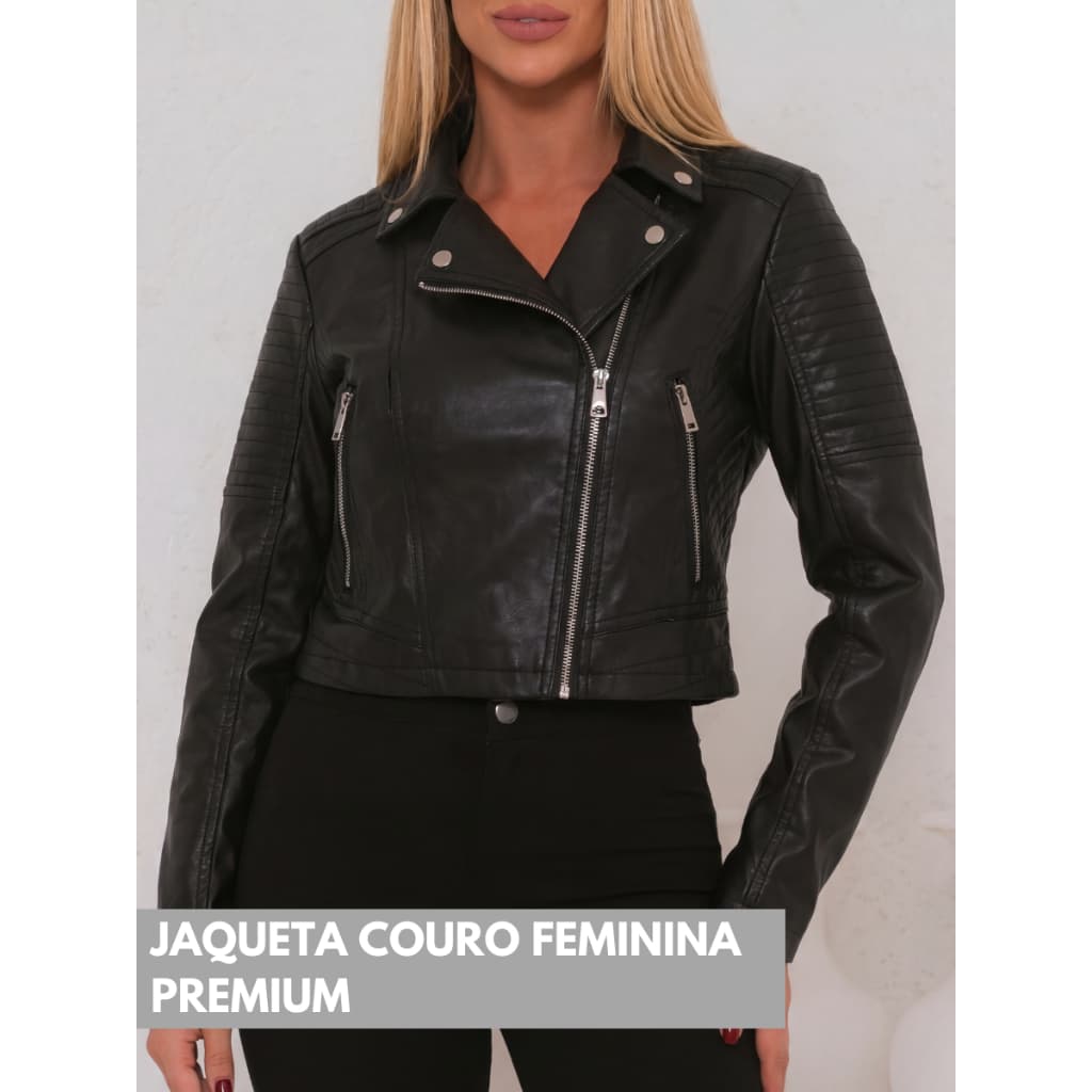 Jaqueta Couro Sintentico Feminina Biker Zíper Diagonal Ajustada Moderna Premium Fashion com Bolsos Inverno