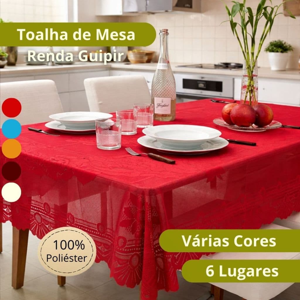 Toalha de Mesa Renda Guipir para 6 Lugares Poliéster Várias Cores