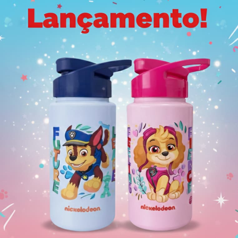 Squeeze Garrafinha Patrulha Canina Chase Skye 500ml Infantil BPA Free Lancheira Escola Menino Menina