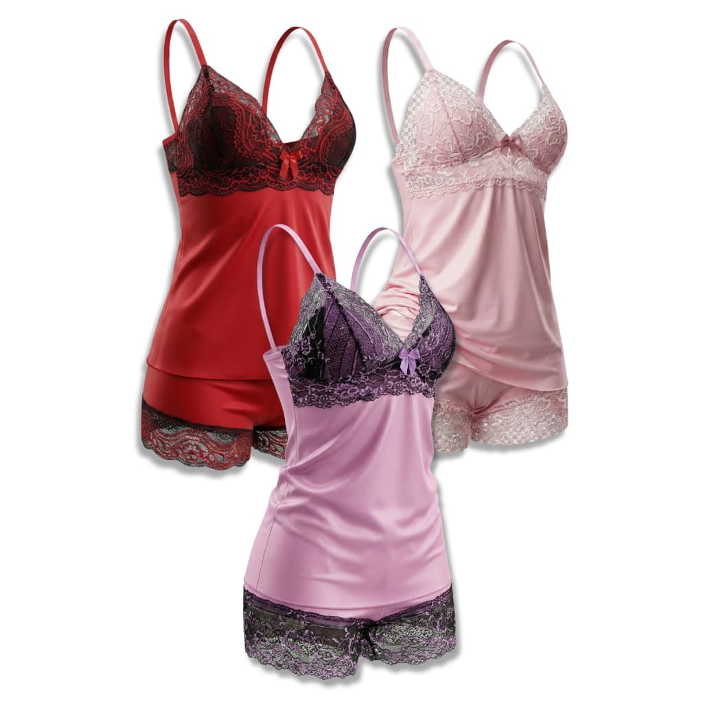 Kit Pijama camisola Baby Doll feminino short de dormi com renda