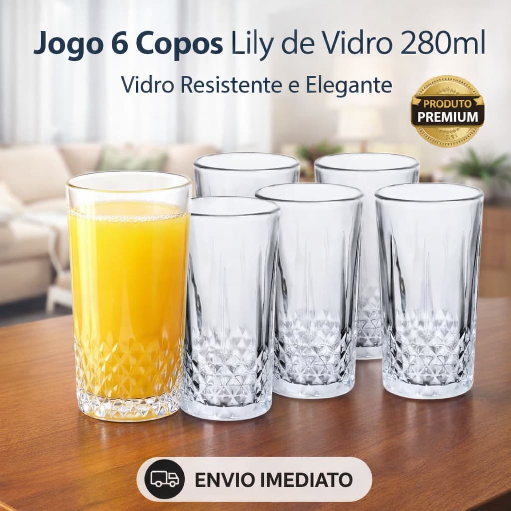 jogo kit de 6 Copos Lily Vidro 280ml Copos para Água, Suco, drinks, refrigerantes