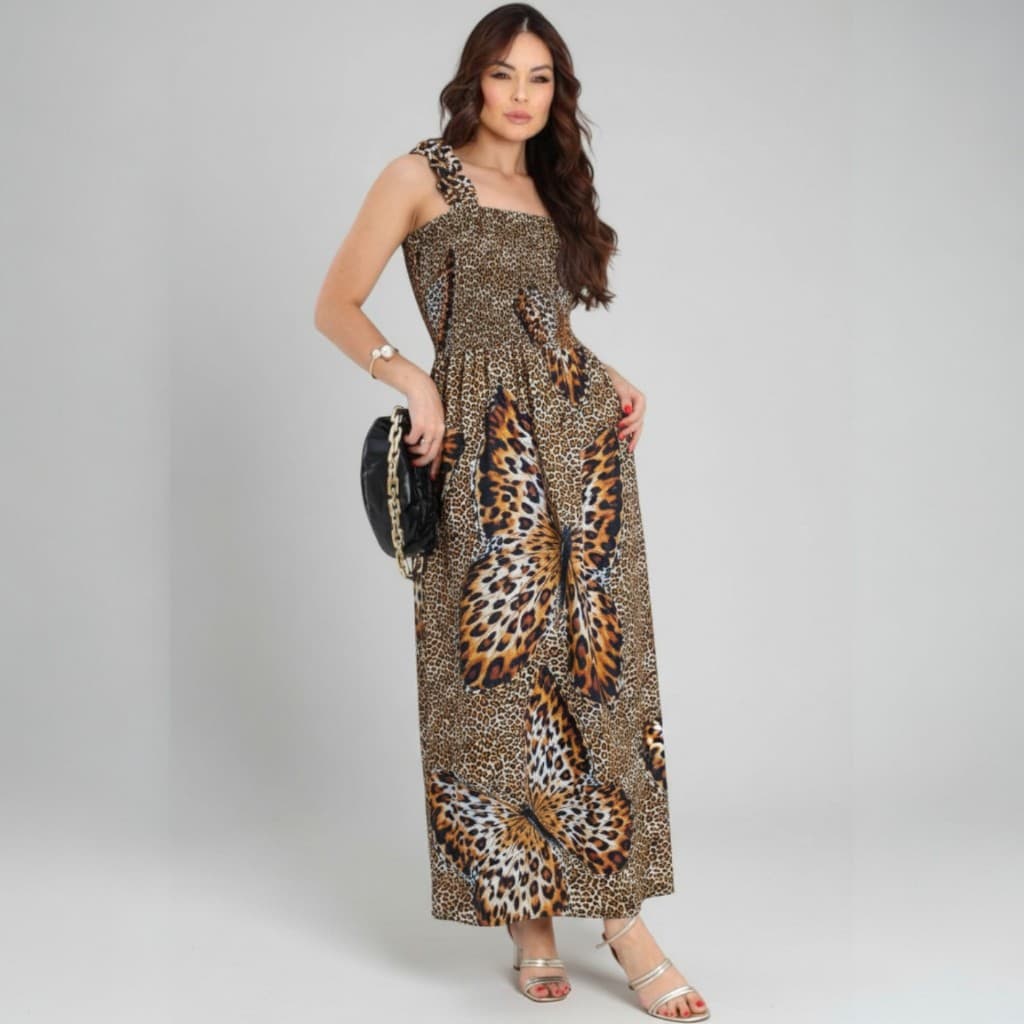 Vestido Longo Feminino Estampa Borboleta Animal Print - Conforto e Elegância