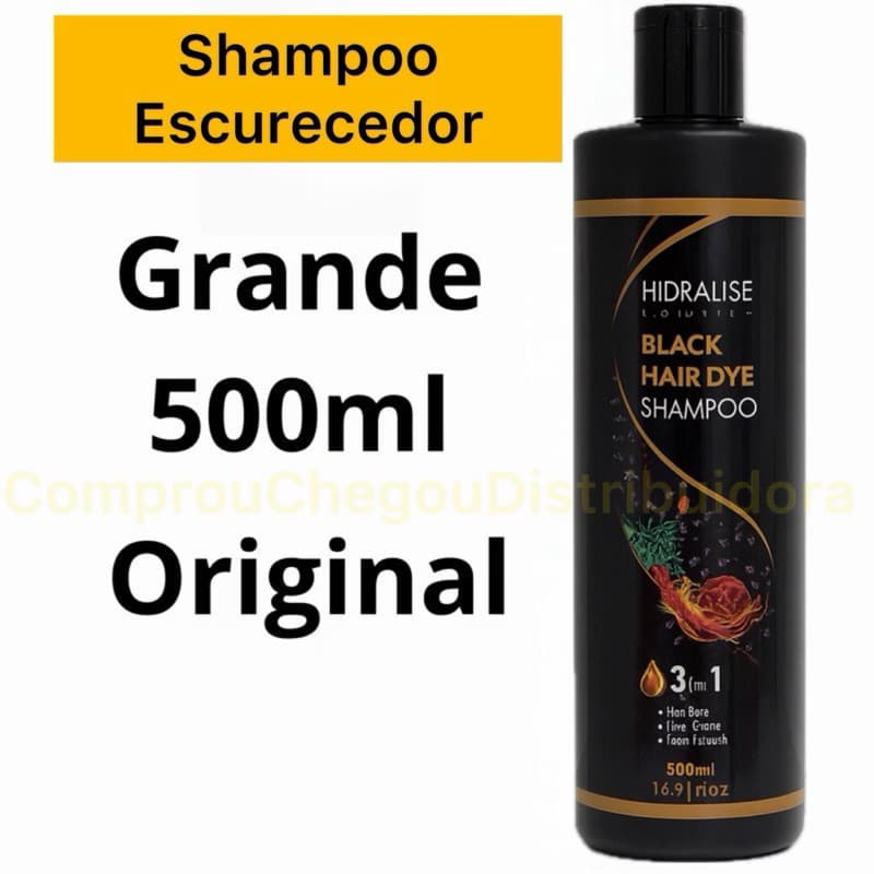 Shampoo Tonalizante Preto Black Hair Dye Hidralise 500ml 3x1 Cobre Fios Brancos Tinge e Nutre