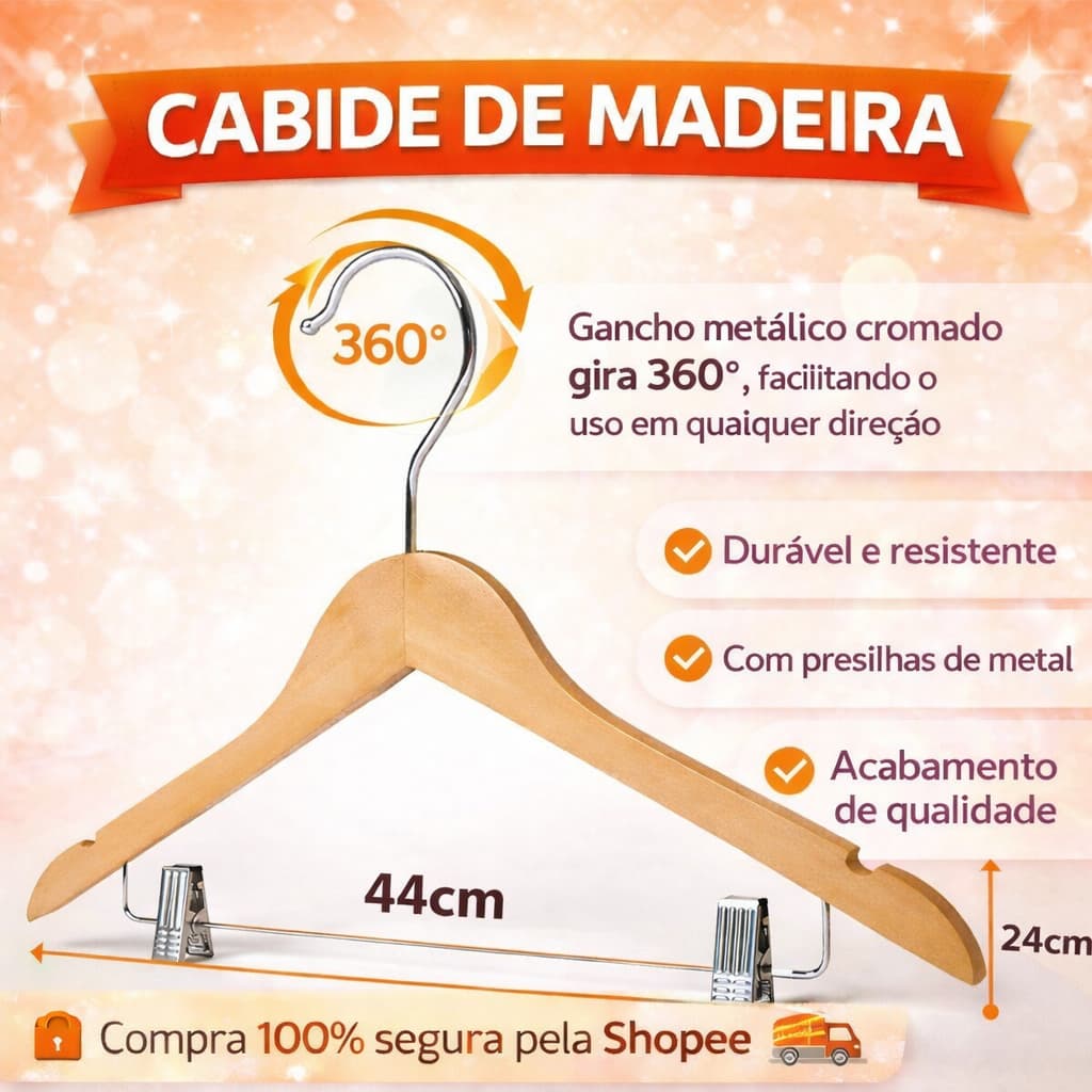 Cabide de Madeira com Presilhas - Verniz