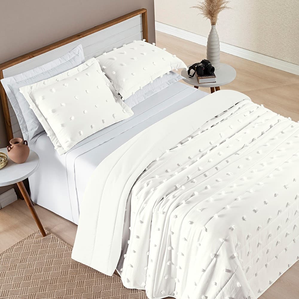 Cobre Leito Poppy 3 Peças Casal Queen King Micropercal 300 Fios Dupla Face com Pompom 3D