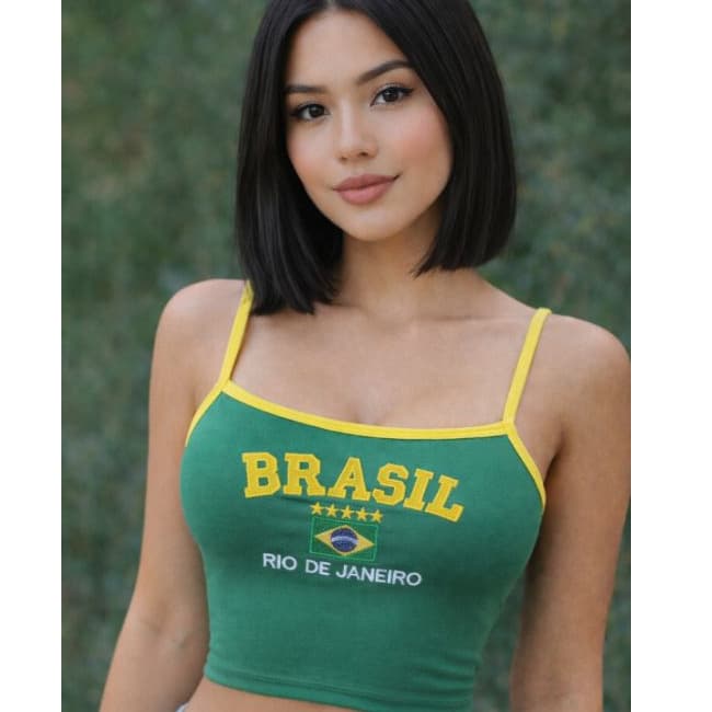 Blusinha Regata Cropped do Brasil Bordado Bandeira Rio de janeiro Copa do Mundo Suplex Premium 2026 Verão Praia Moda