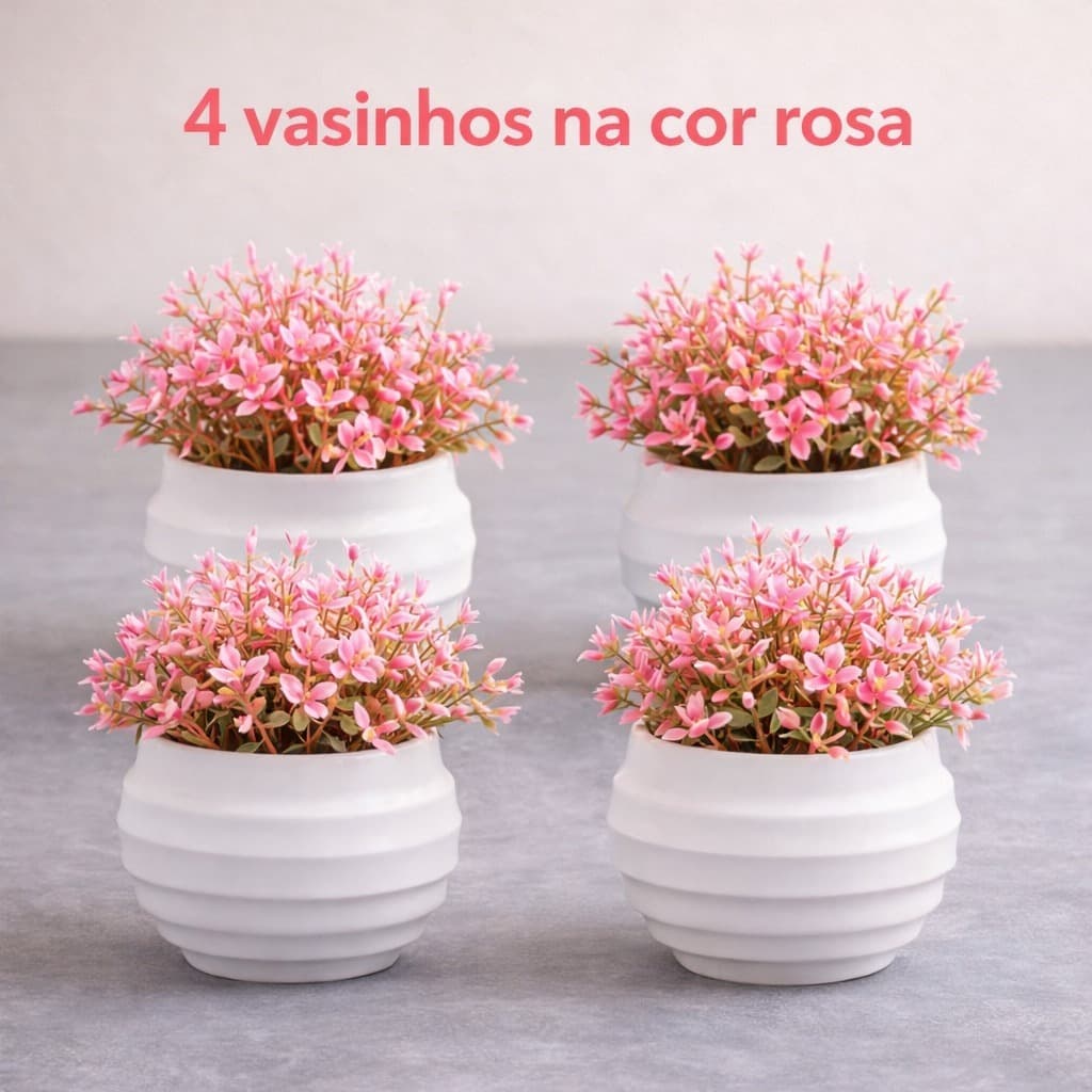 Kit 4 Mini Vasinho com Planta Cor Rosa Flor Artificial Vaso Branco Realista Decoração Sala Quarto
