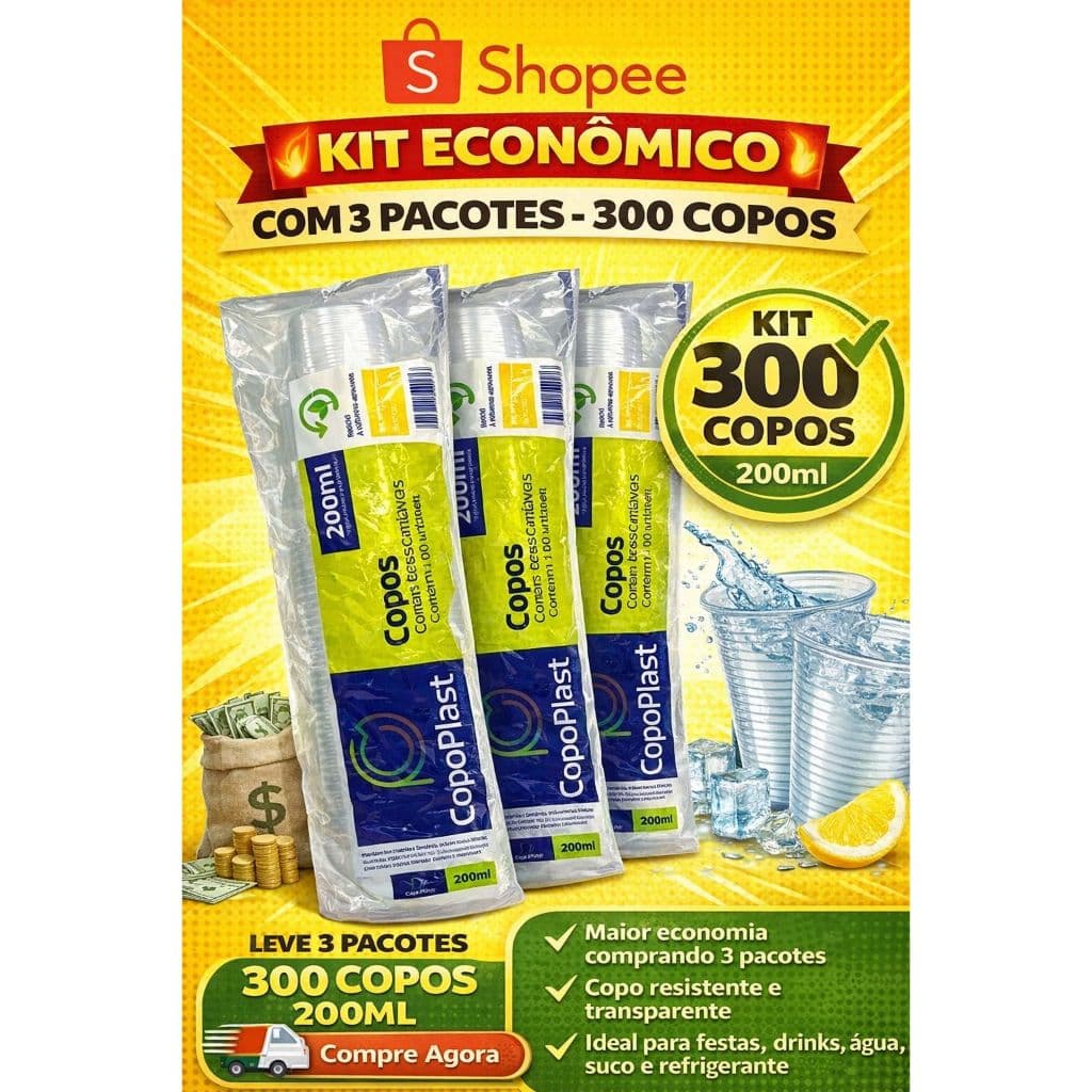 Kit Econômico 300 Copos Descartáveis 200ml PS Transparente | Festa, Água, Suco e Refrigerante