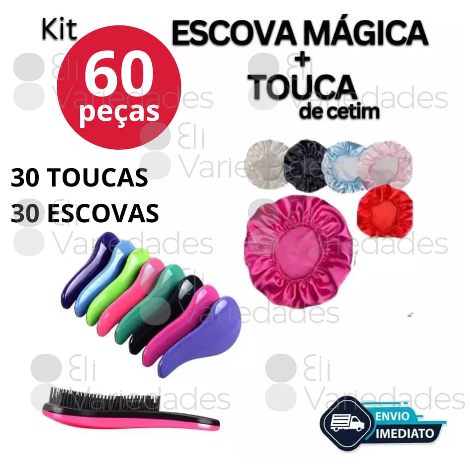 KIT COM 30 Escovas Mágica com 30 Toucas de Cetim Anti Frizz,CORES SORTIDAS,BRANCO,PINK,AZUL,VERDE,LILÁS,PRETO,VERMELHO