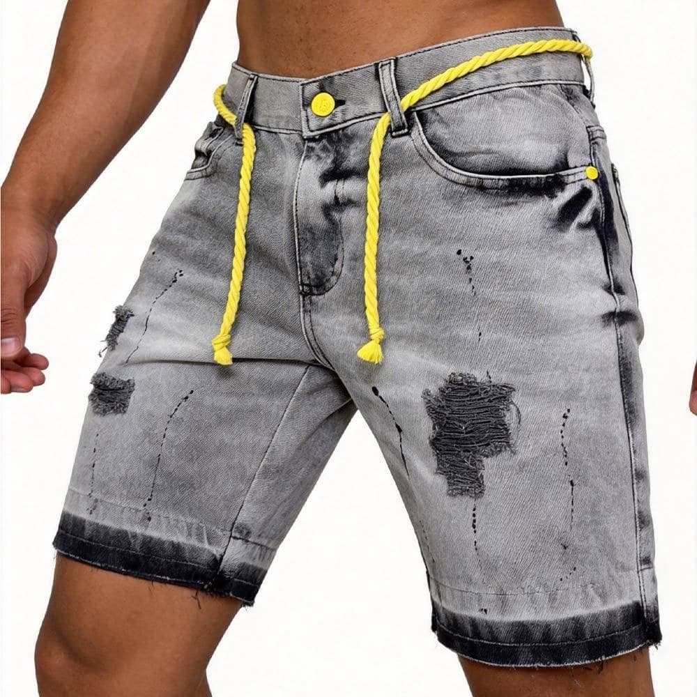 Bermuda Jeans Buraco Homem Desenho Respingos Tinta Tecidos Alta Qualidade Shorts Jeans Casuais