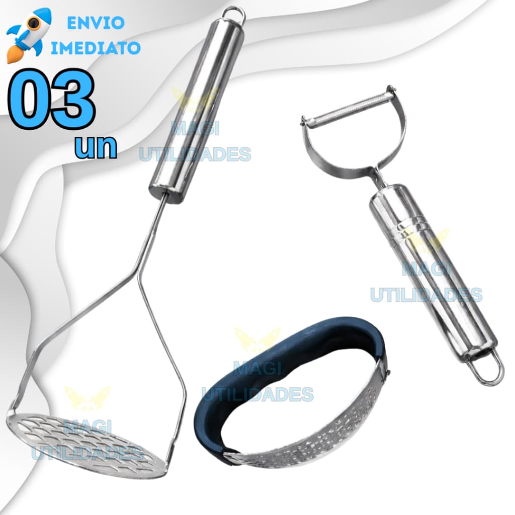 Kit Utensílios de Cozinha 3 em 1 Inox Amassador de Batatas Descascador e Espremedor de Alho