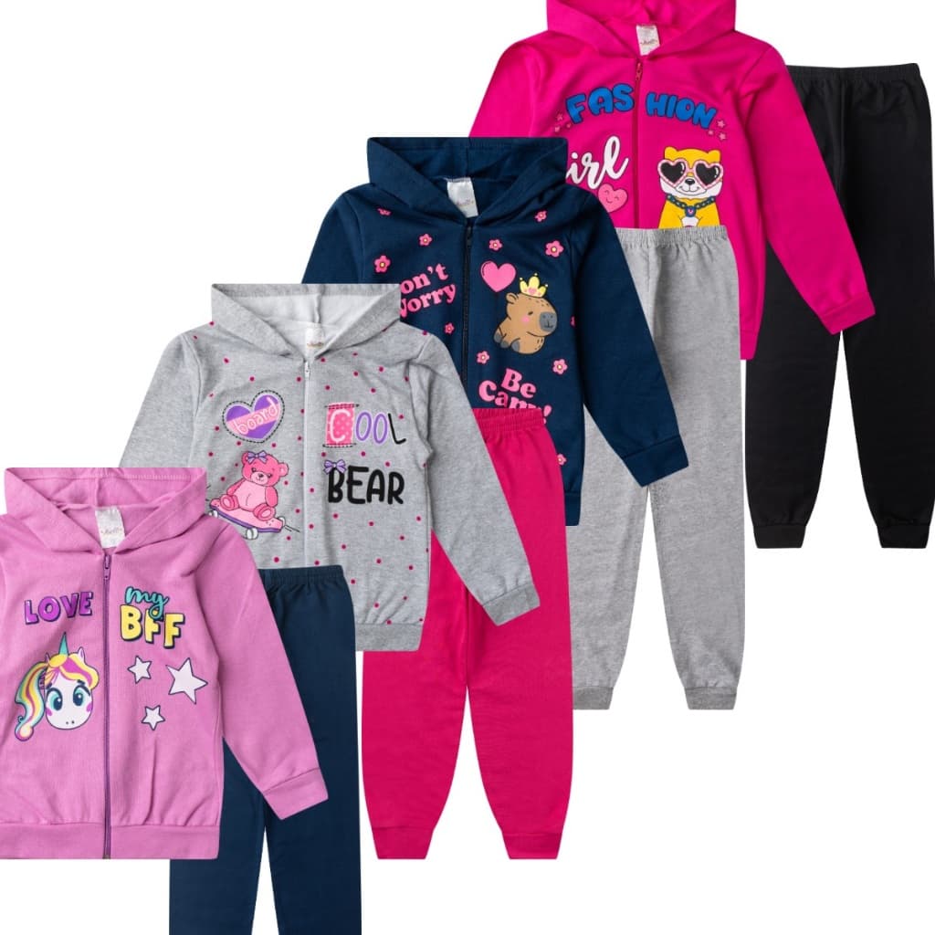 Kit 8 Peças Moletom Feminino Inverno 4 Jaquetas + 4 Calças com Punho