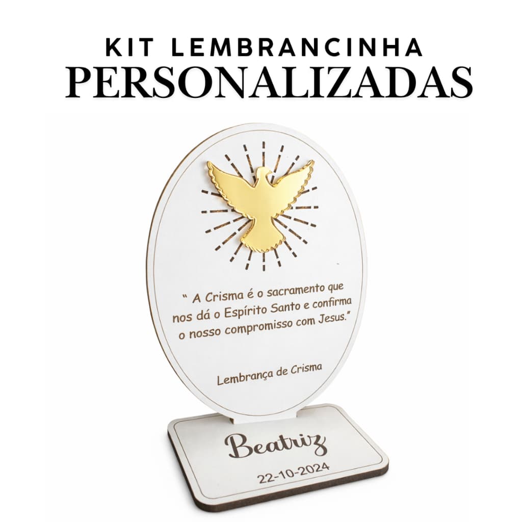 Kit Lembrancinha Personalizada Crisma em Mdf com Acrílico Espelhado Catolicismo Sacramento