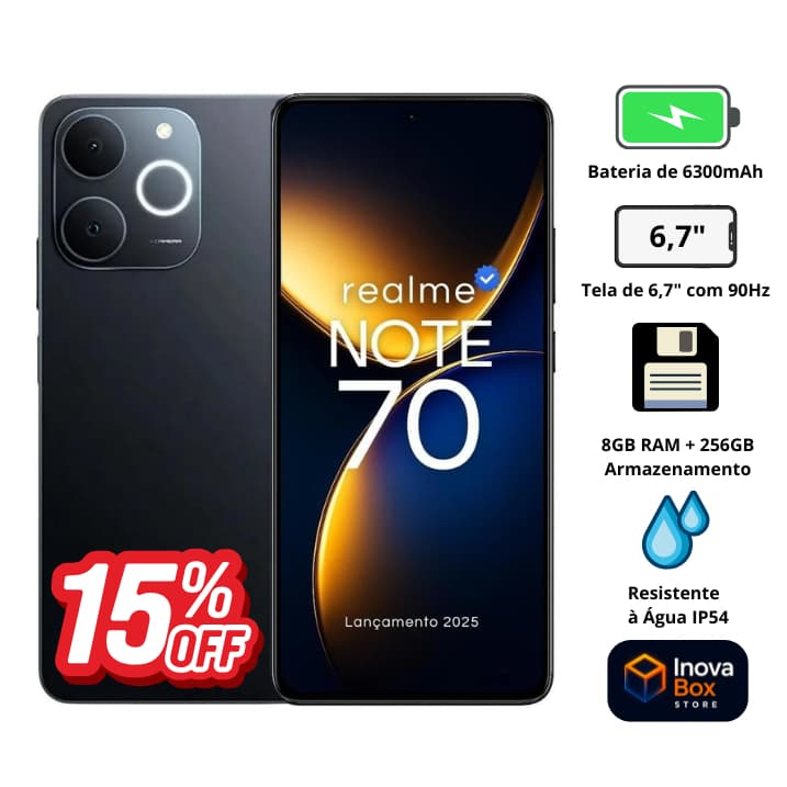 Smartphone Realme Note 70 4G 256GB 8GB RAM Tela 6,74″ – Desempenho e Tela Grande