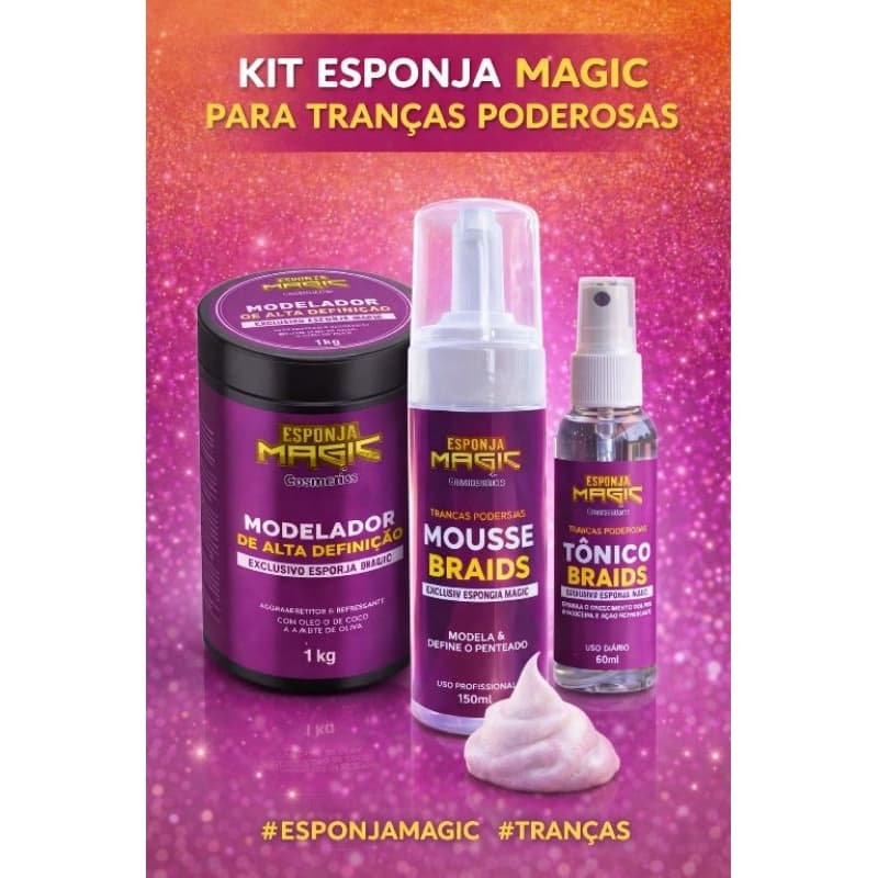 MODELADOR ESPONJA MAGIC 1KG OU 500G + MOUSSE BRAIDS PARA TRANÇAS + TÔNICO BRAIDS
