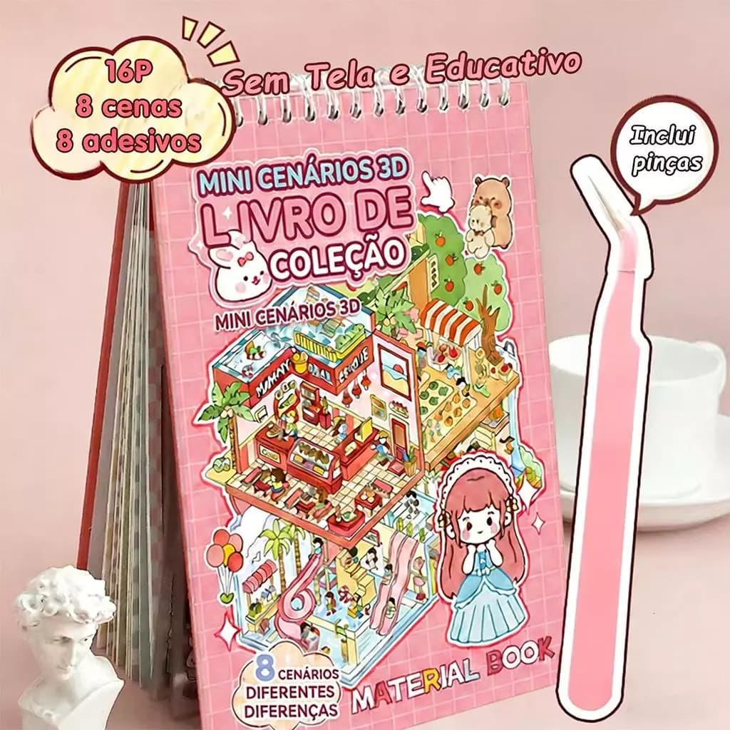 Kit Livro Cadernos Adesivos 8 Cenários 3d Lançamento Com Pinça
