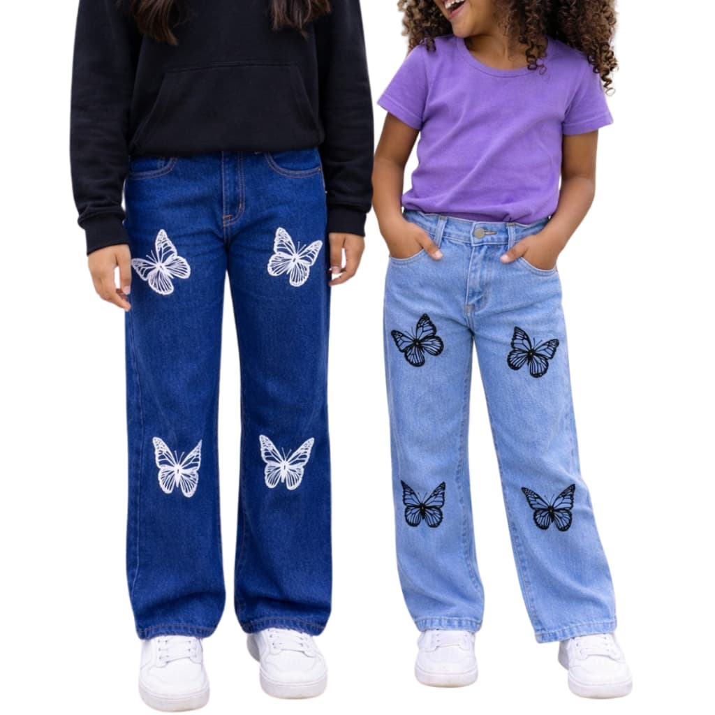Calça Jeans Feminina Detalhe Borboletas Calça Infantil Juvenil Moda Estilo Gringa Blogueirinha Kids