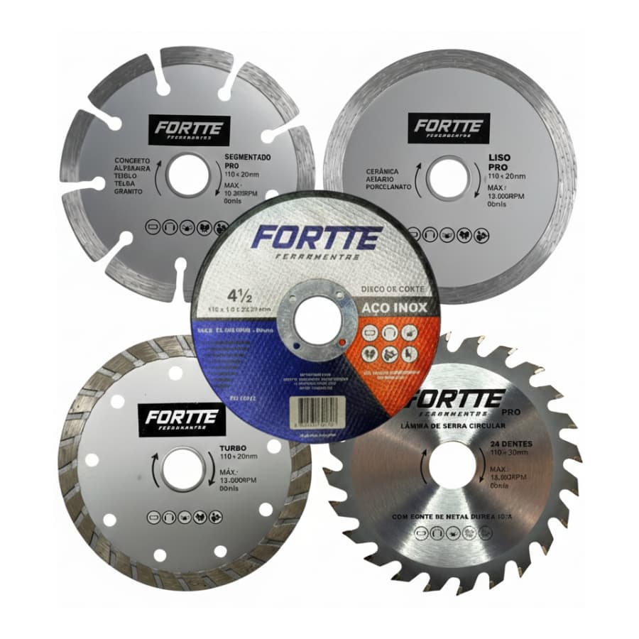 Kit 5 Peças com 3 Disco Diamantado + 1 Serra Circular Para Corte Madeira + 1Disco de Corte Inox Marmore e Esmerilhadeira