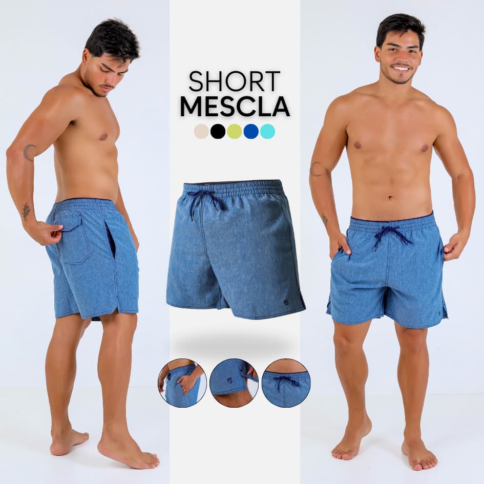 Short Elastano Mescla Recorte Lateral Fenda Bolsos Liso Texturizado Mauricinho Passeio Verão Praia